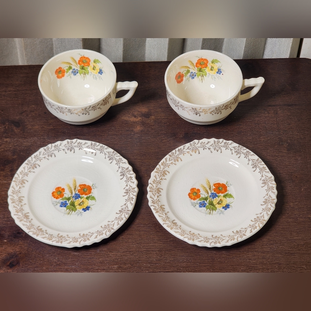 French And Saxon 22kt Gold Floral *Poppy* Cream Dinnerware Set Of 2